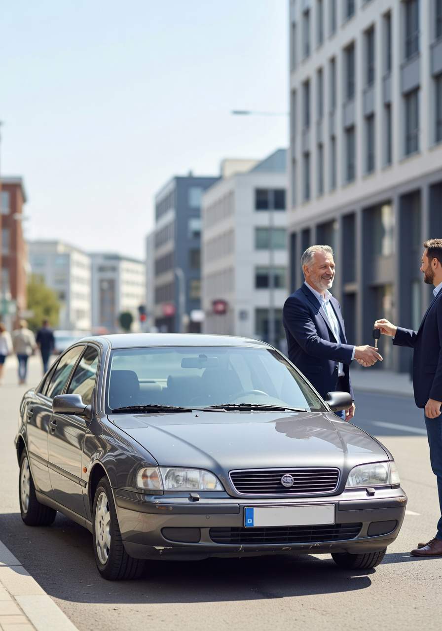 Team in Wülfrath, ein erfahrener Fahrzeugexperte aus Wülfrath nimmt das Fahrzeug eines zufriedenen Kunden ab. Seitlich steht der Wagen neben beiden.